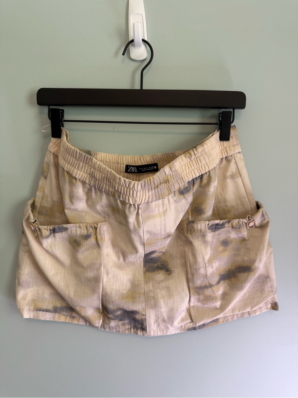 Zara Tie Dye Cargo Mini Skirt Beige Grey Elastic Waist Utility Pocket Large - Picture 3 of 7